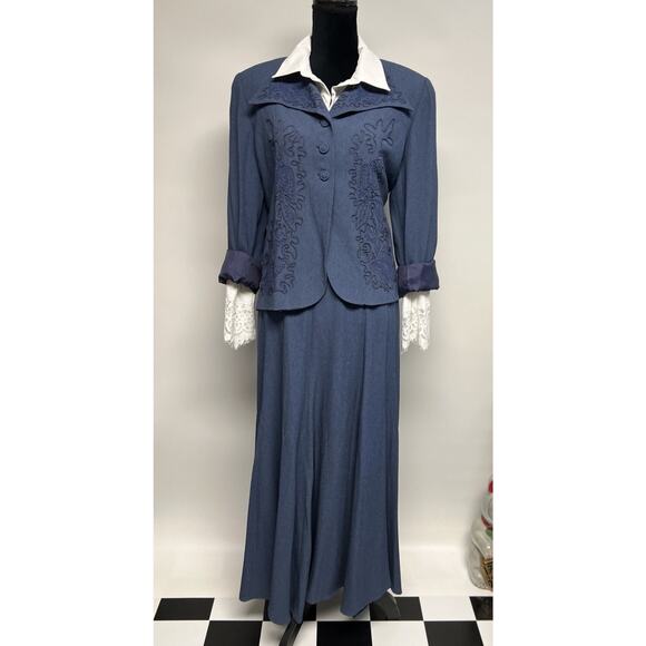 Vintage 90s Zelda 2pc Suit Jacket & Maxi Skirt Sz 12 Medium Flowy Embroidered - Picture 1 of 14